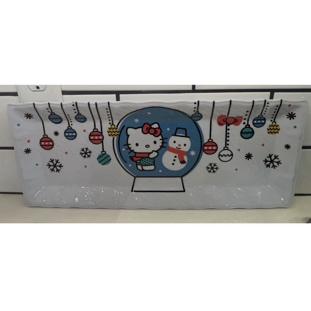 NEW Hello Kitty Christmas Snow globe Snowman Textured Melamine Serving Tray 18"